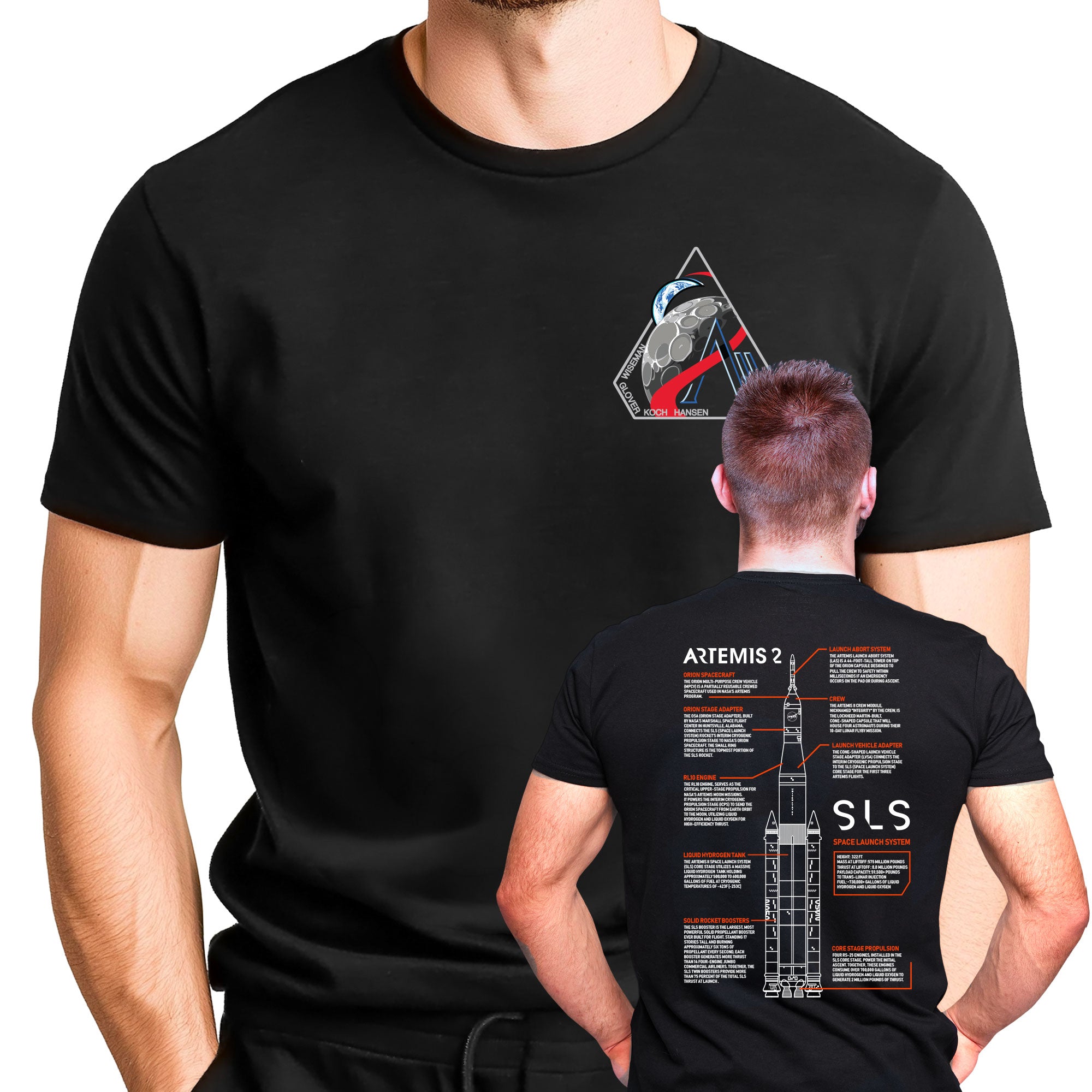Artemis 2 Rocket Blueprint Schematic Double Sided Adult T-Shirt