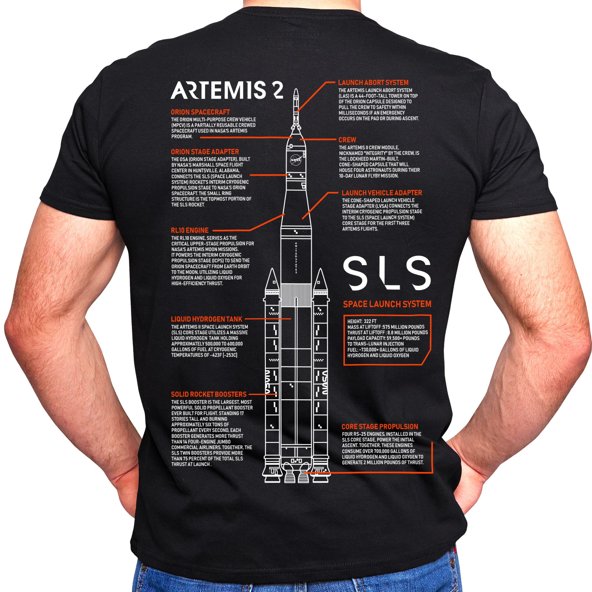 Artemis 2 Rocket Blueprint Schematic Double Sided Adult T-Shirt