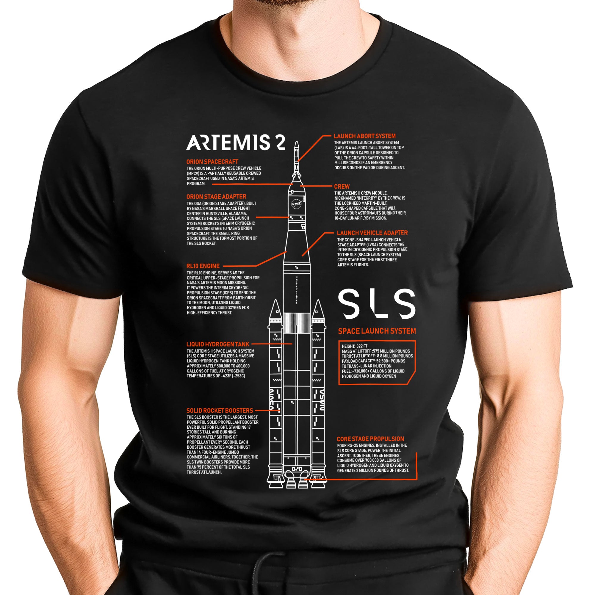 Artemis 2 Rocket Blueprint Schematic Adult T-Shirt