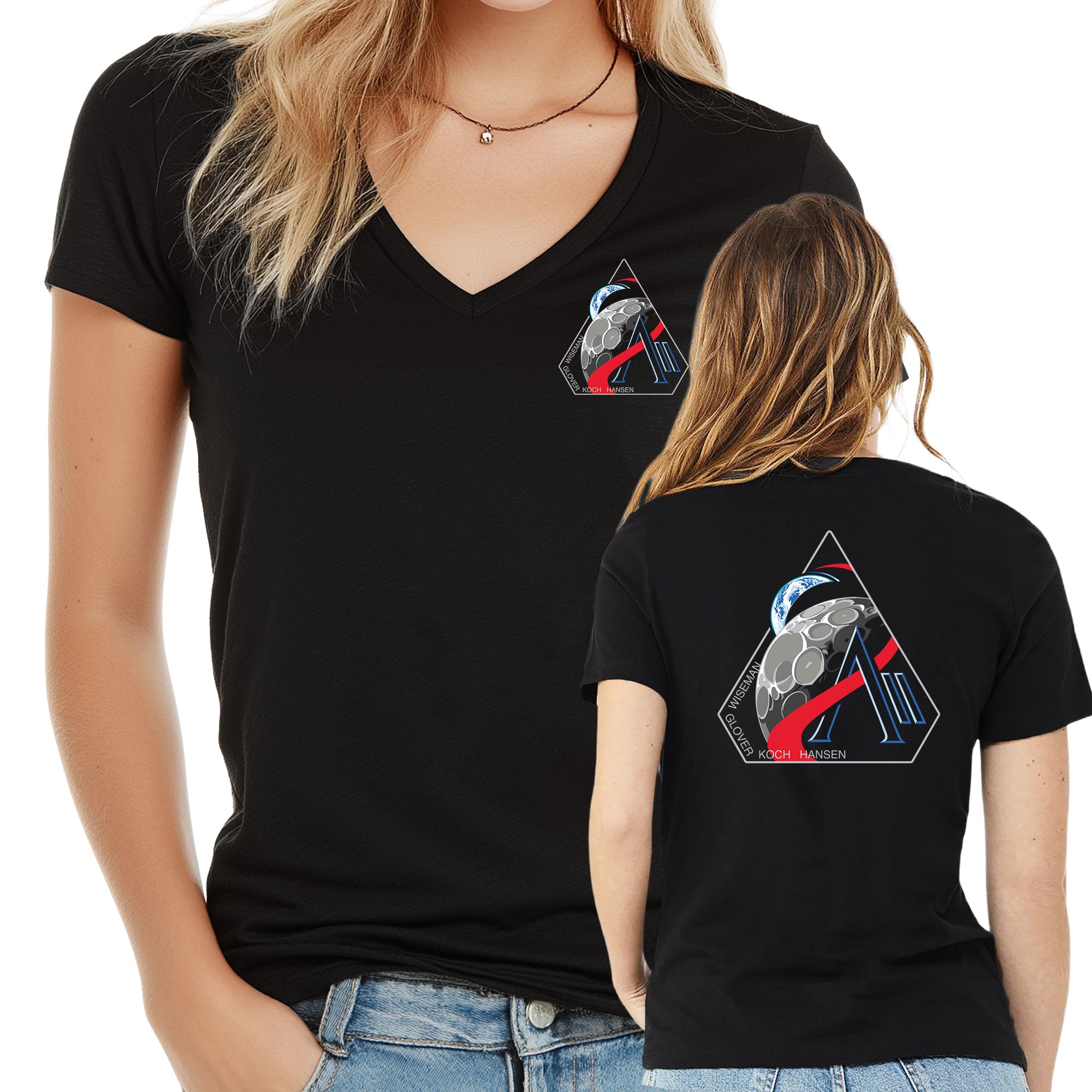 NASA Artemis 2 Bella Canvas Women's Relaxed Double Sided V-Neck Black Shirt
