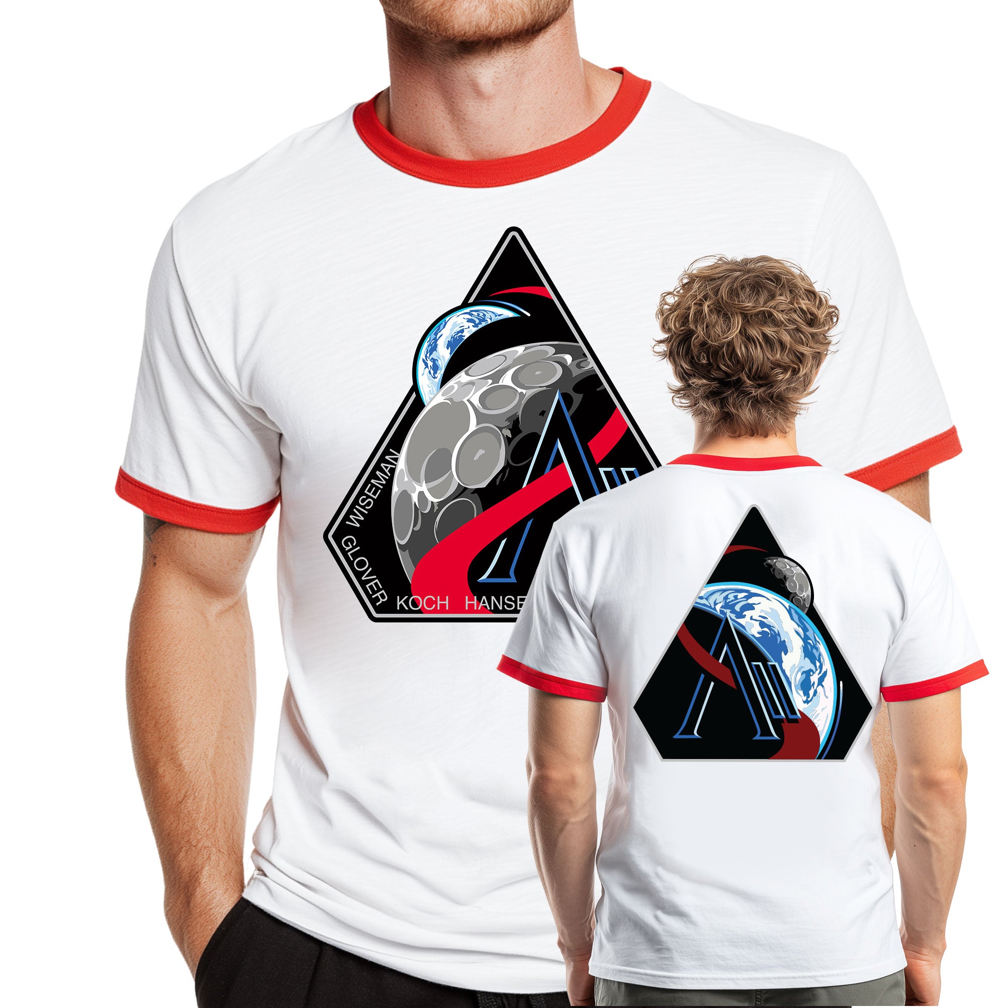 Artemis 2 Mission - Inbound Patch Design Double Sided White and Red Ringer Adult Shirt