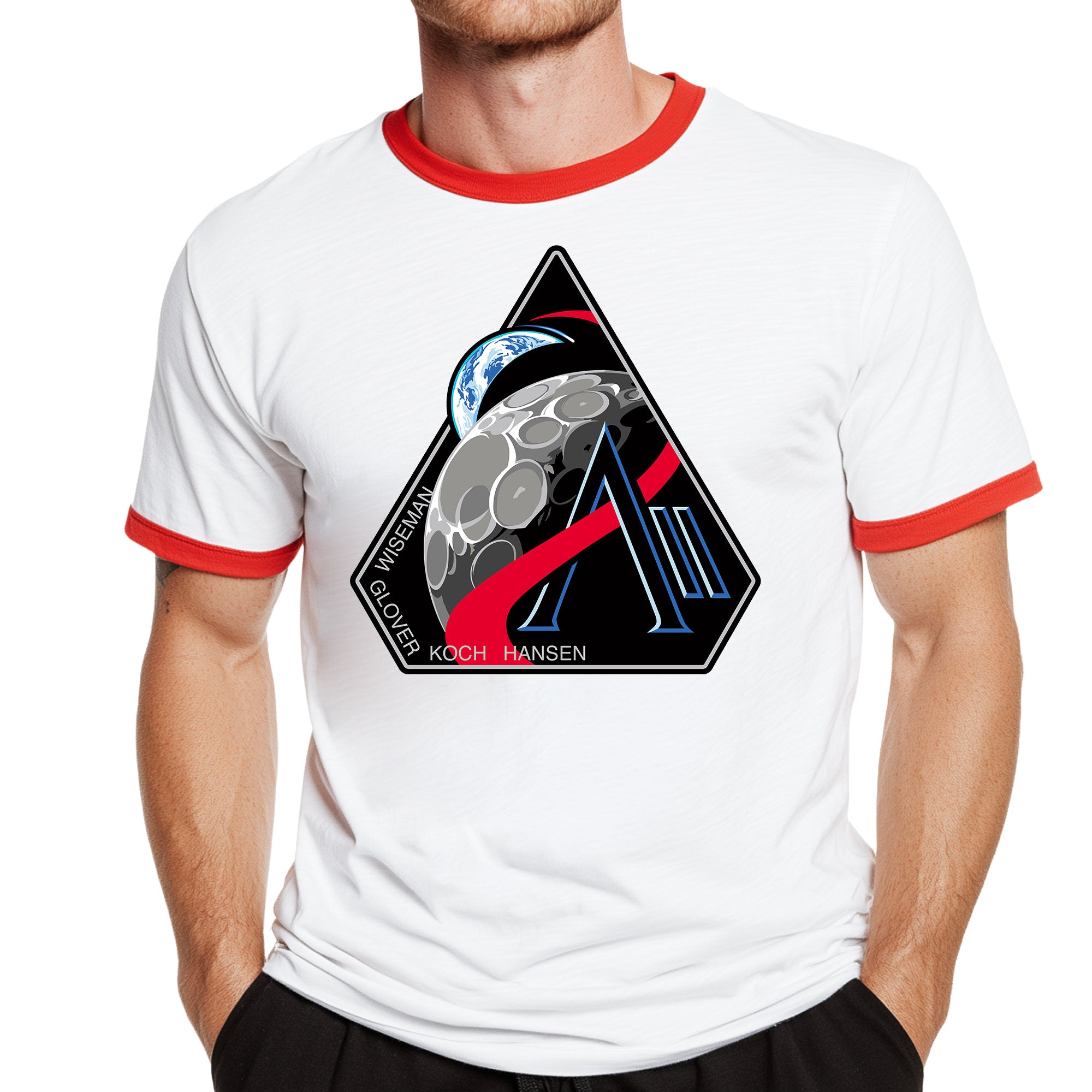 Artemis 2 Mission Logo White and Red Ringer Adult Shirt