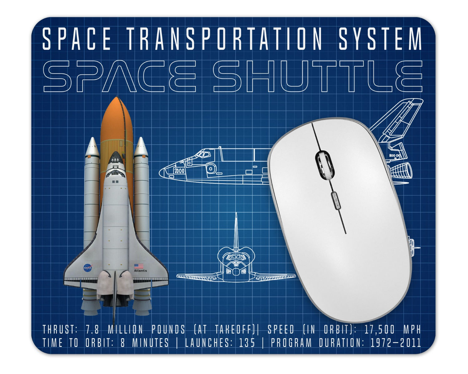 NASA Shuttle Atlantis Blueprint Mouse Pad 1/4 Thick
